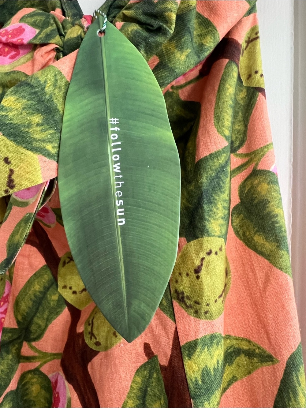 FARM Rio Peach Pink Floral Midi Slip Dress with Green Leaf Print - Picture 3 of 6